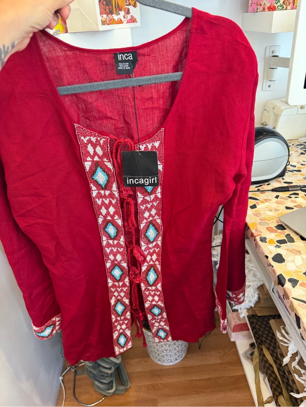inca incagirl Red Embroidered Linen Tunic